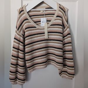 Saltwater Luxe Beige and Black Striped V-Neck Sweater